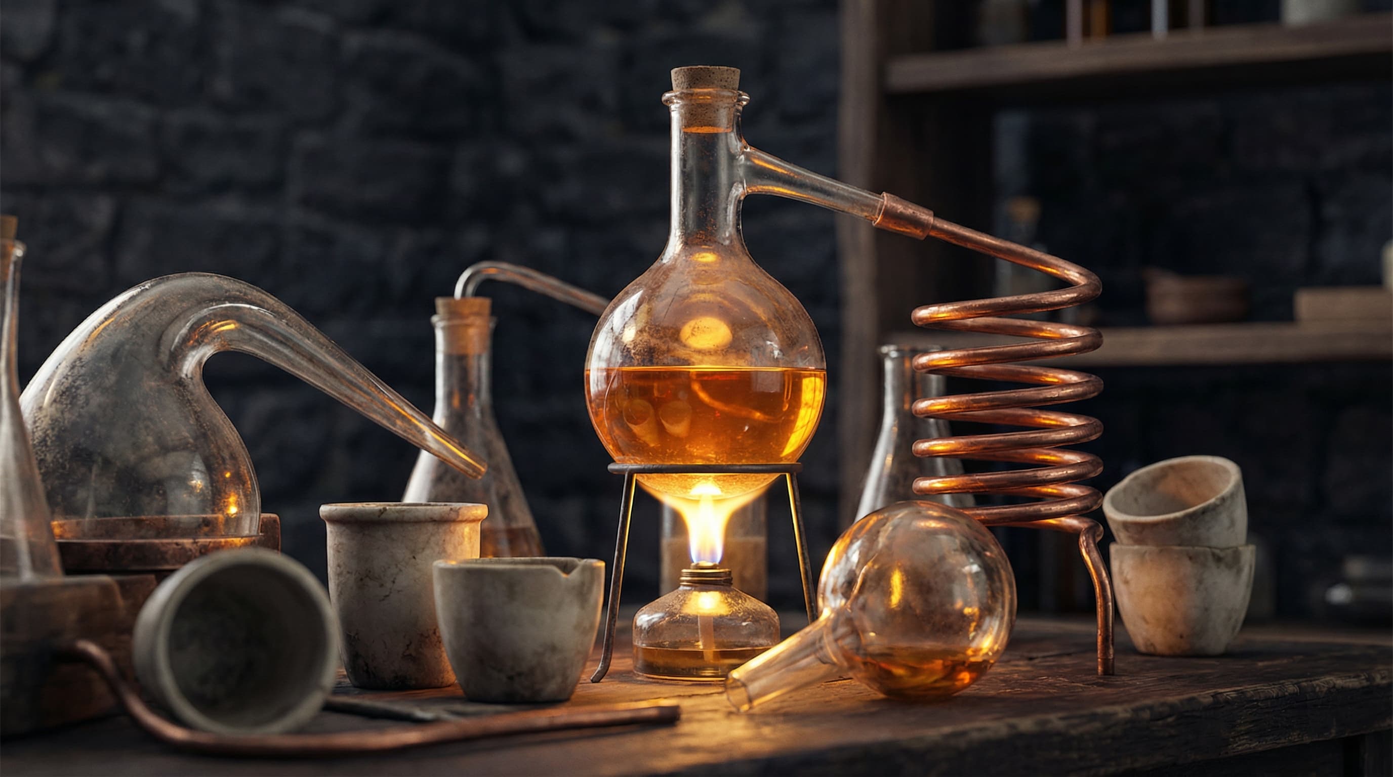 Alchemical distillation equipment with glowing amber flask