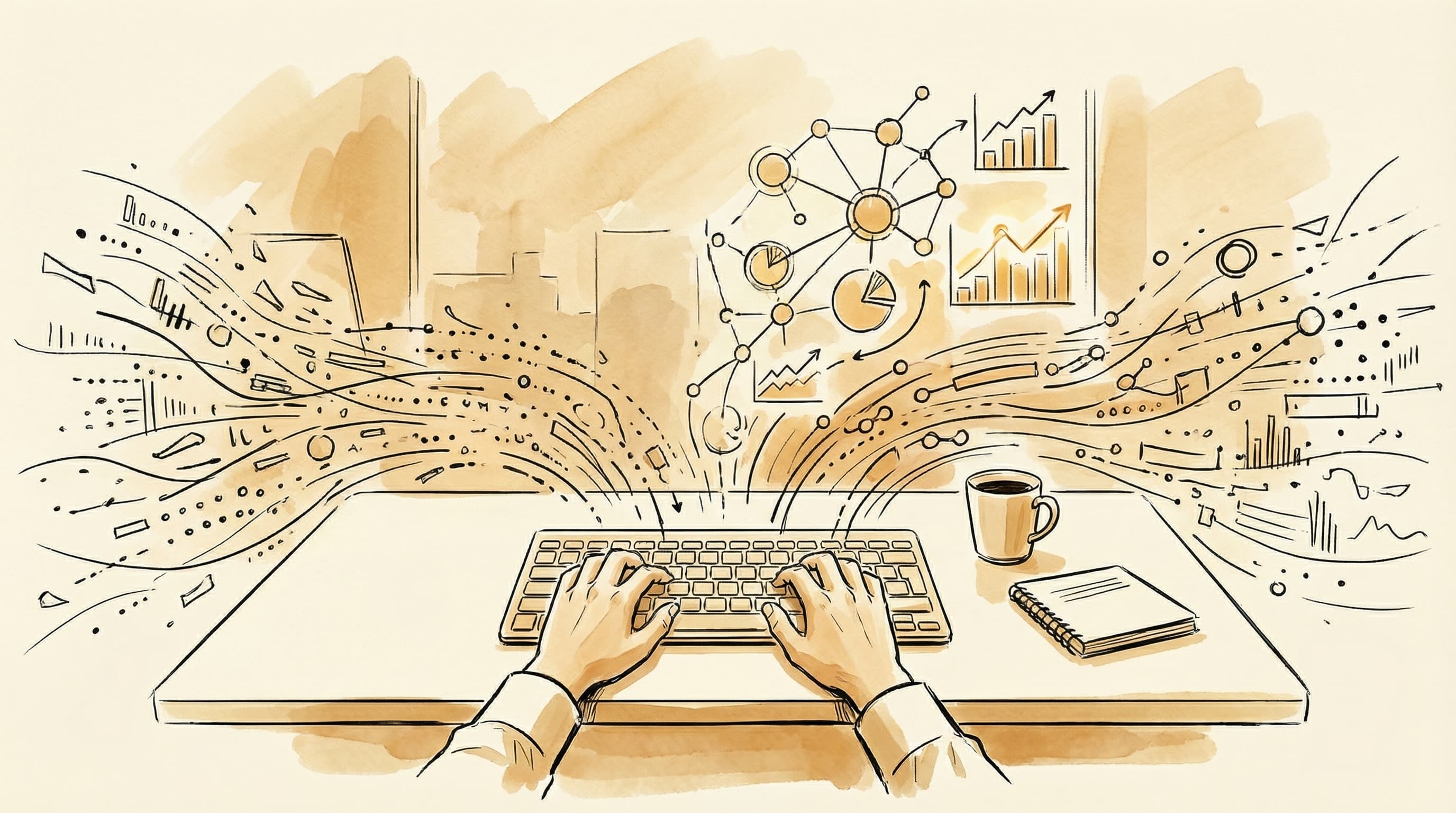 Line-drawn illustration of intelligence emerging from operational data signals.