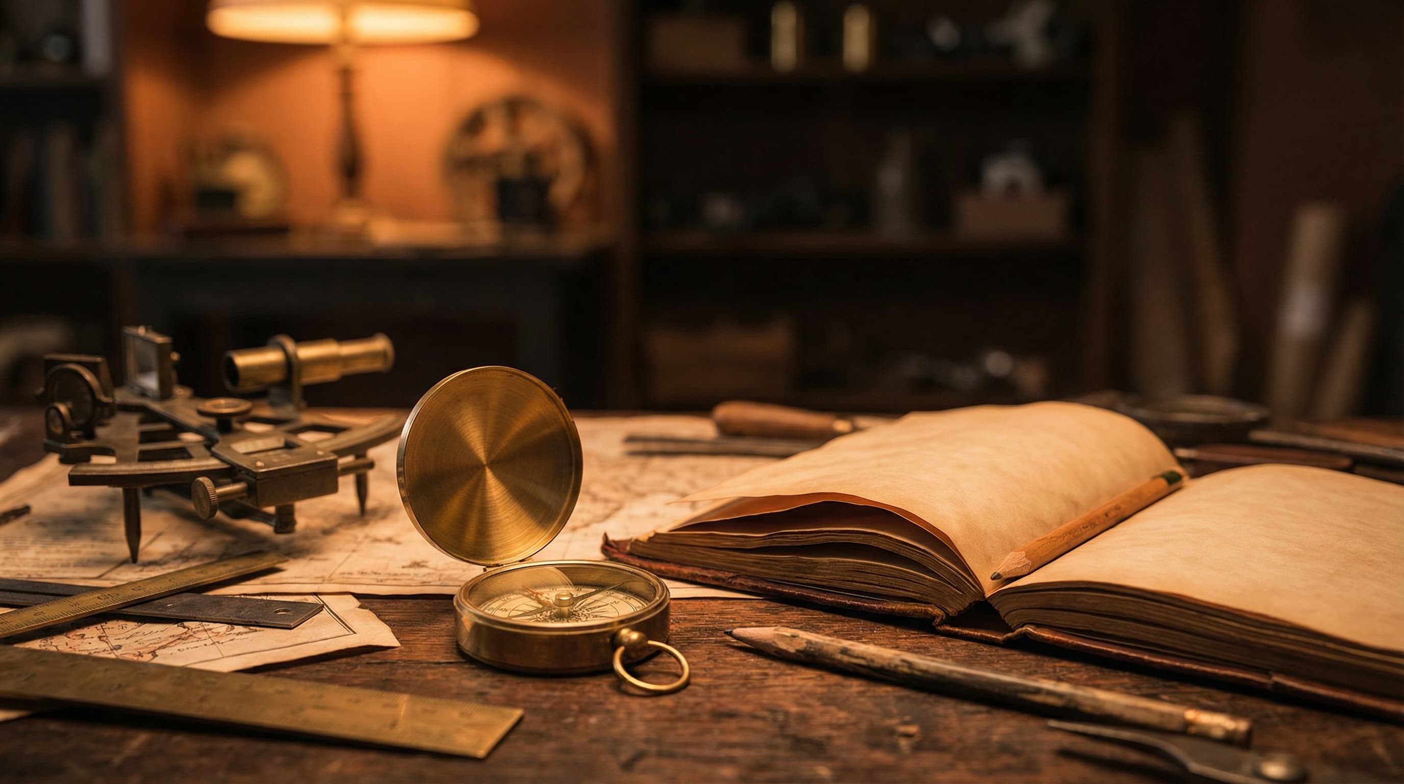 Navigator's desk with brass compass, maps, and sextant in warm amber light