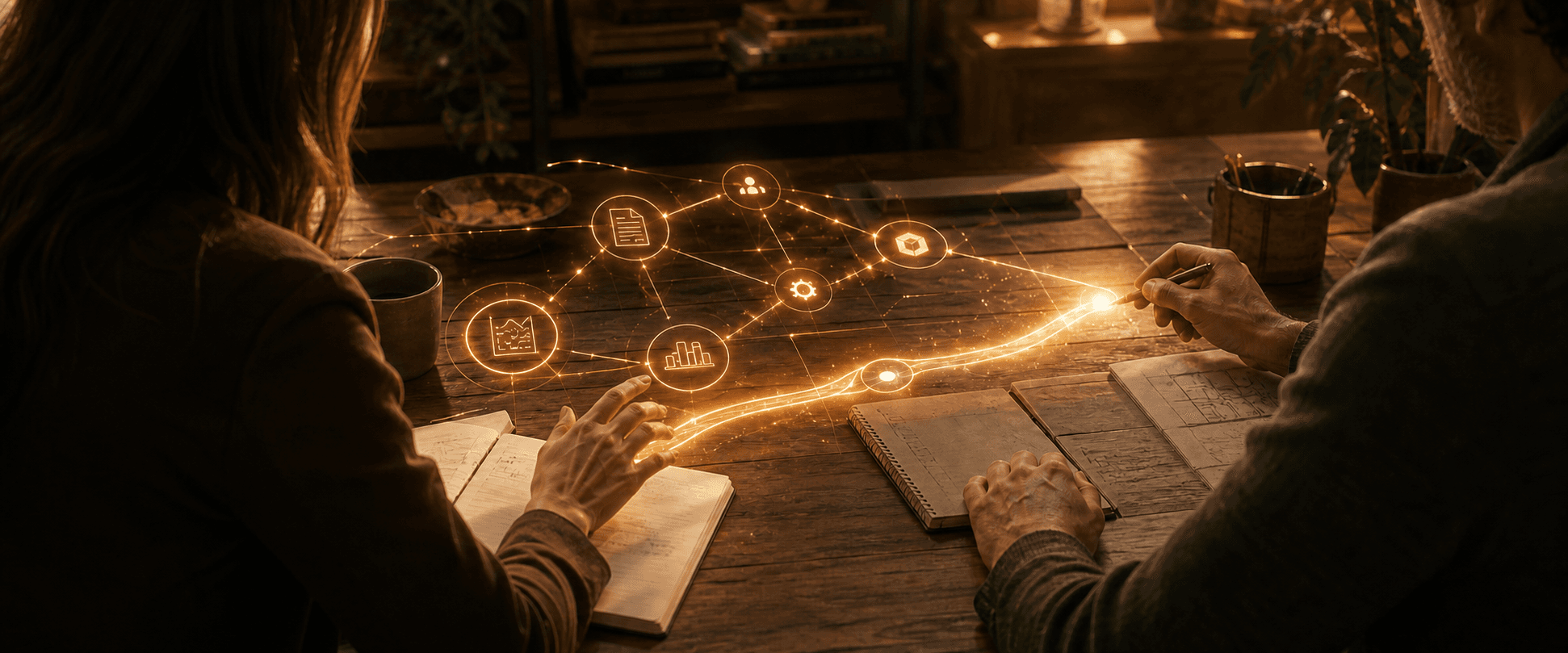 A business owner and AI partner working beside a living network of connected business agents