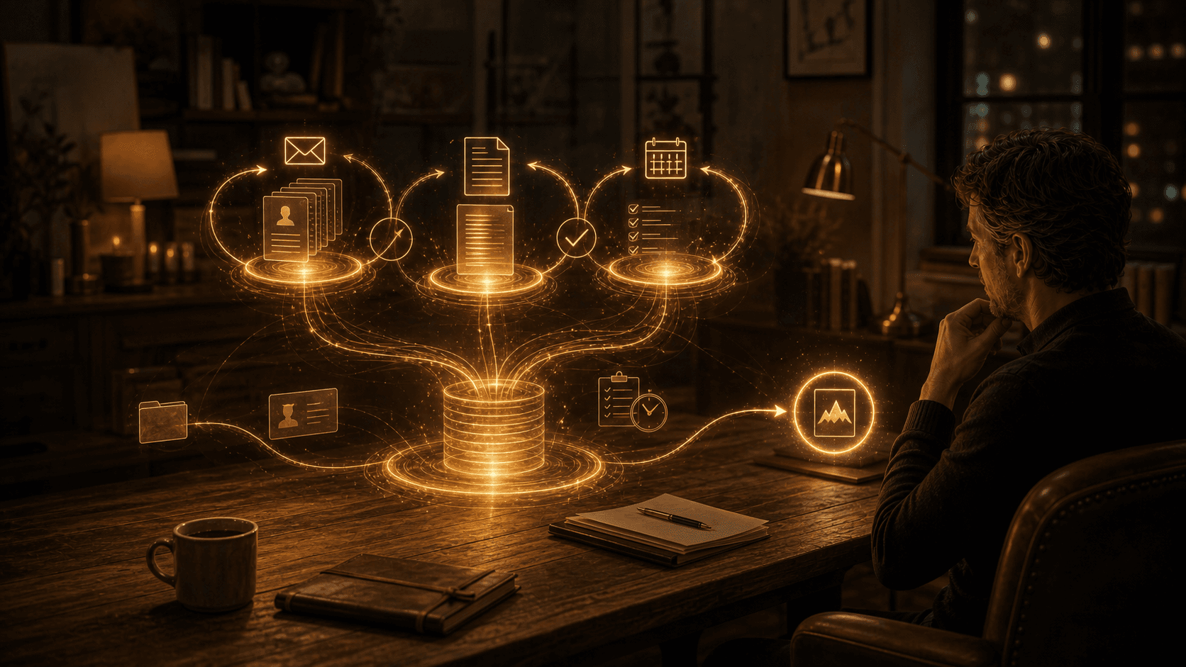 A business owner overseeing three connected AI agent loops that handle enquiries, documents and scheduling through shared business context